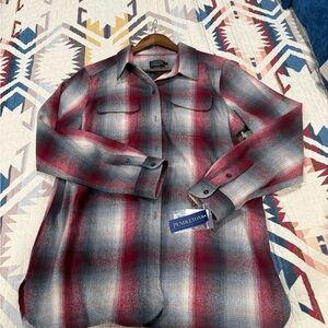 Pendleton Red Gray Tan Ombré Plaid Button-Down Shirt 100% Virgin Wool